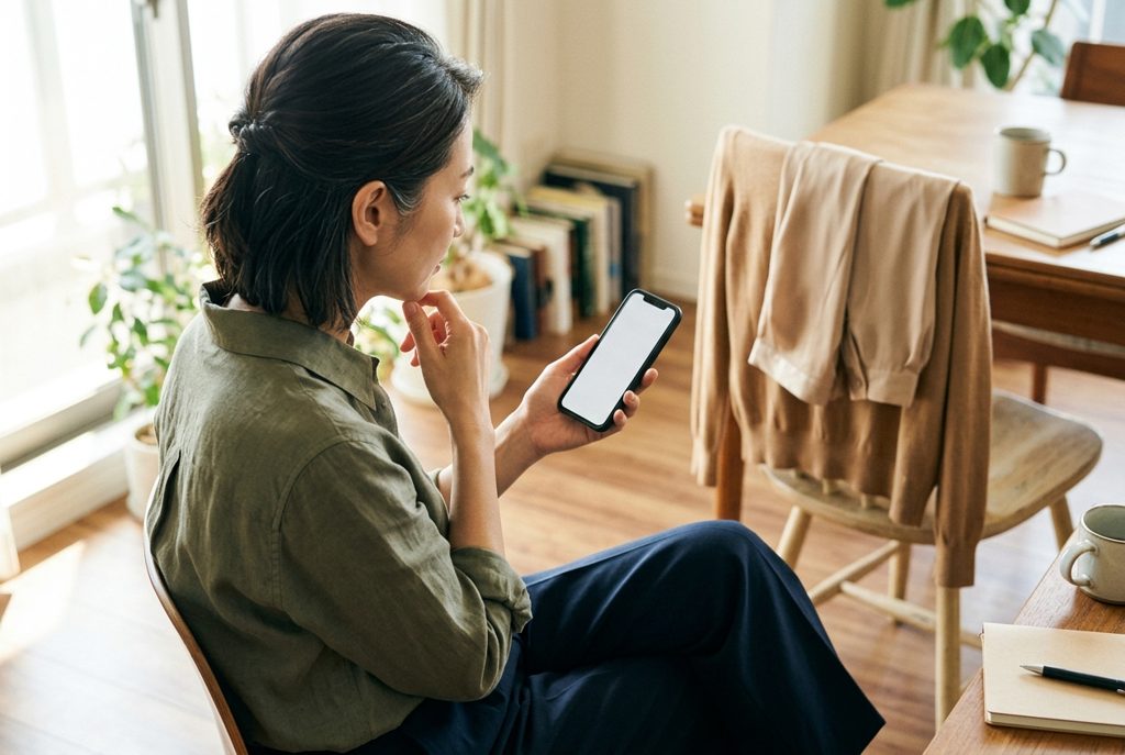 スマートフォンを操作する女性と、その隣に置かれたブラウス